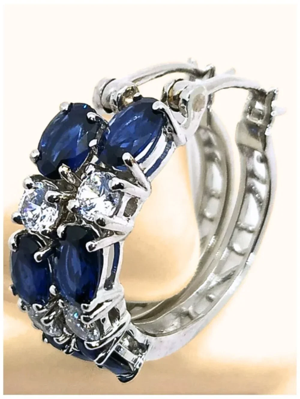 Blue & White Synthetic Sapphire Hoop Earrings Nickel Free Plating December Birth